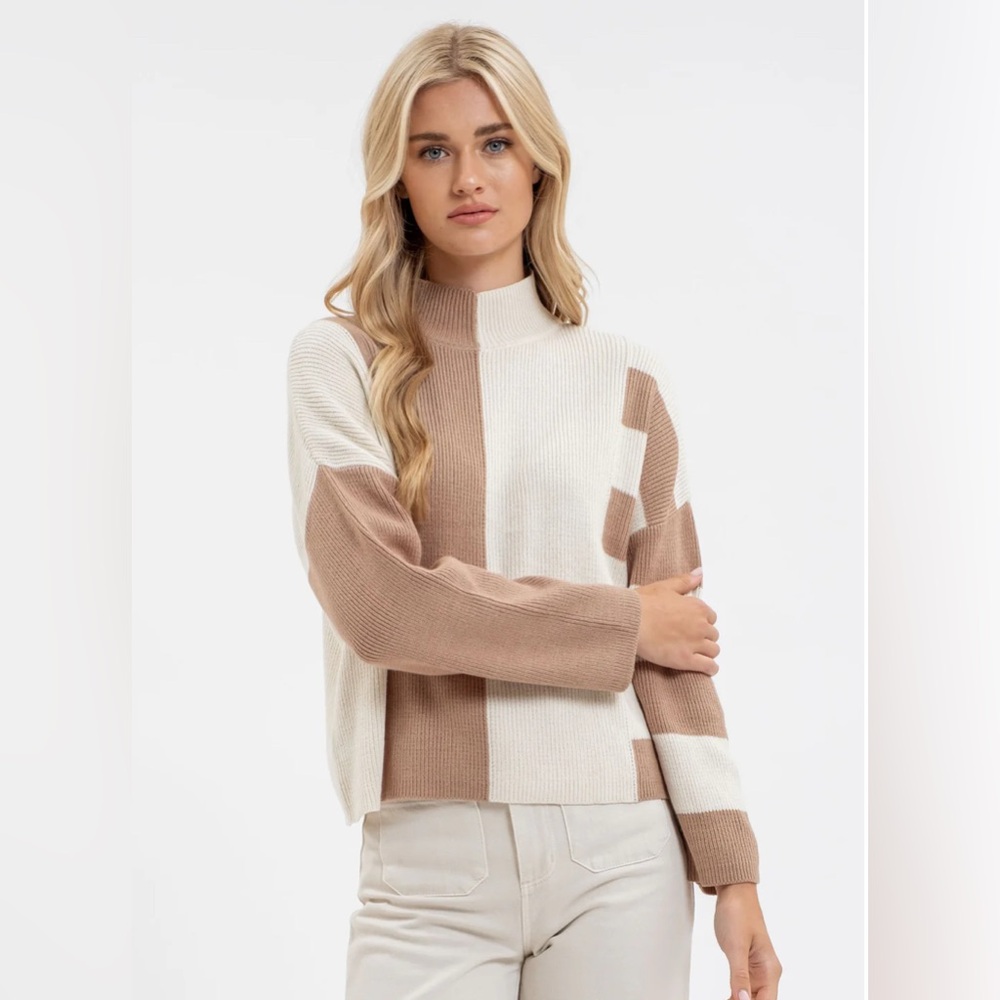 A16- Stripe Colorblock Mock Neck Knit Sweater Tan